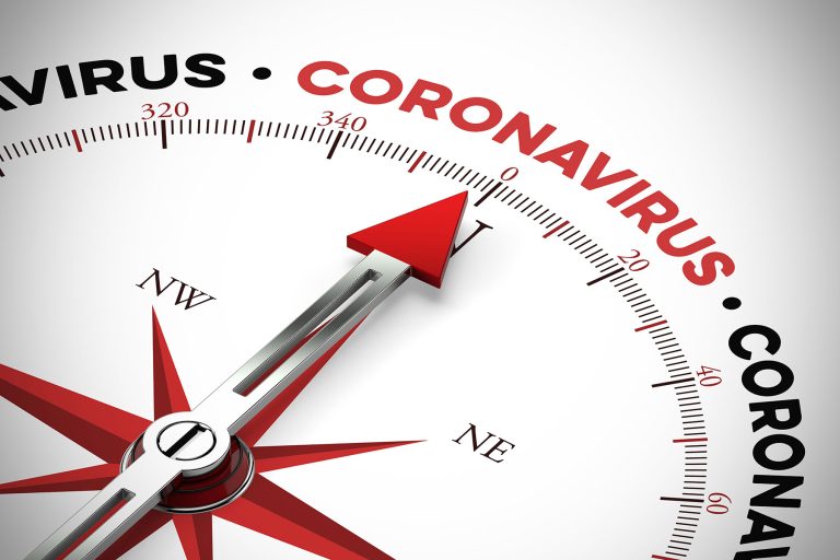kompass mit roter nadel zeigt auf corona-virus