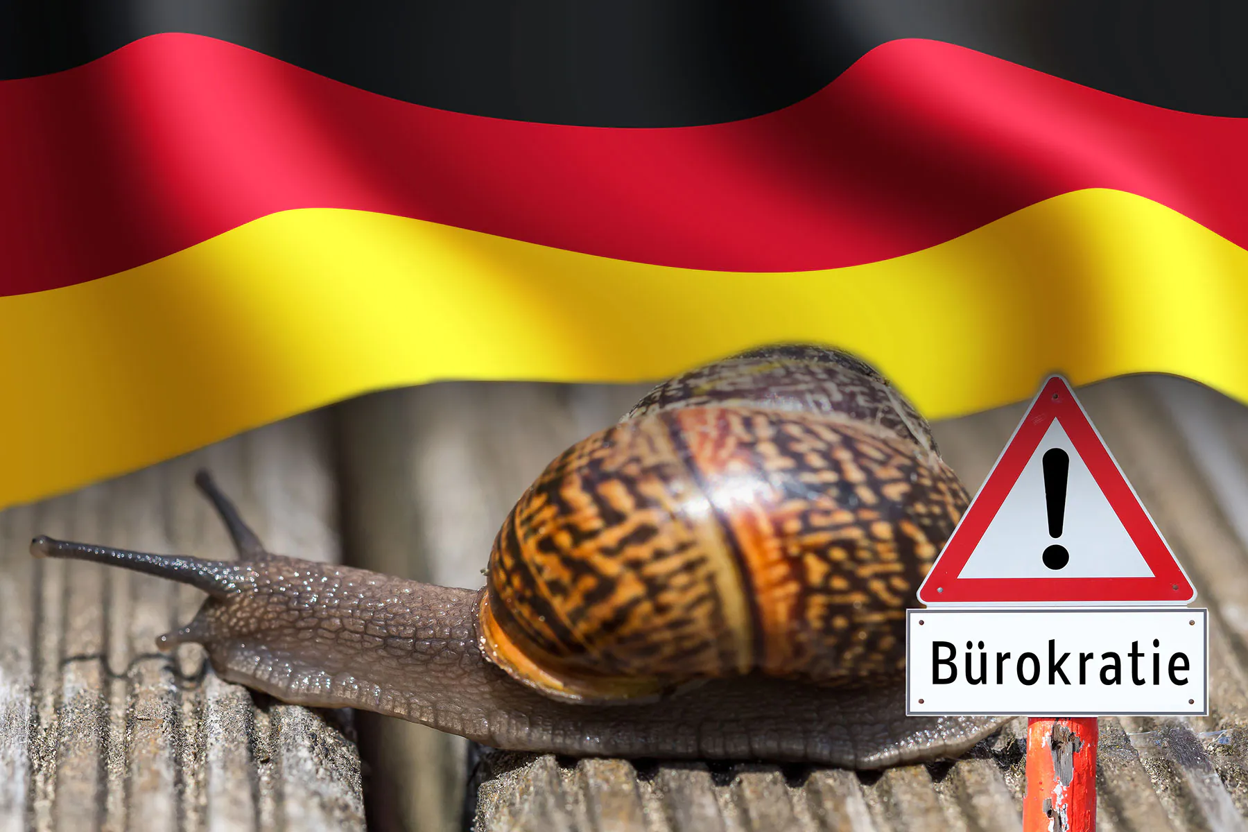 schnecke mit deutschlandflagge und warnschild mit buerokratie