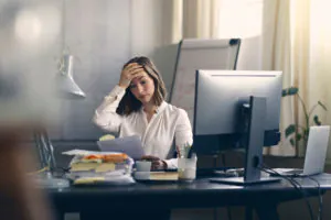 Unternehmerin sitzt am Schreibtisch und ist deprimiert